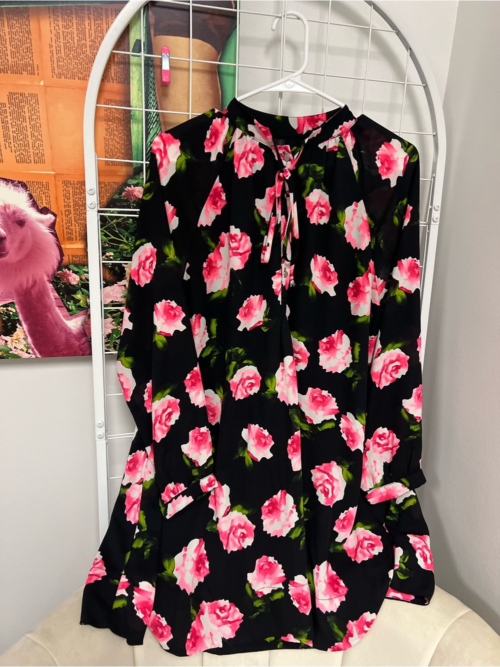 Buddy Love Black Long-Sleeve Dress with Pink Rose Print